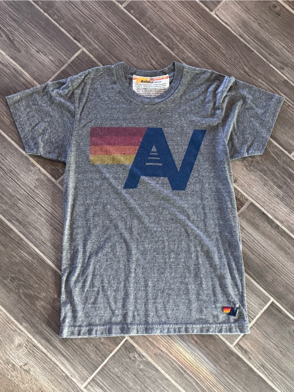 Aviator Nation Heather Gray Tee with Navy AV and Sunset Stripe